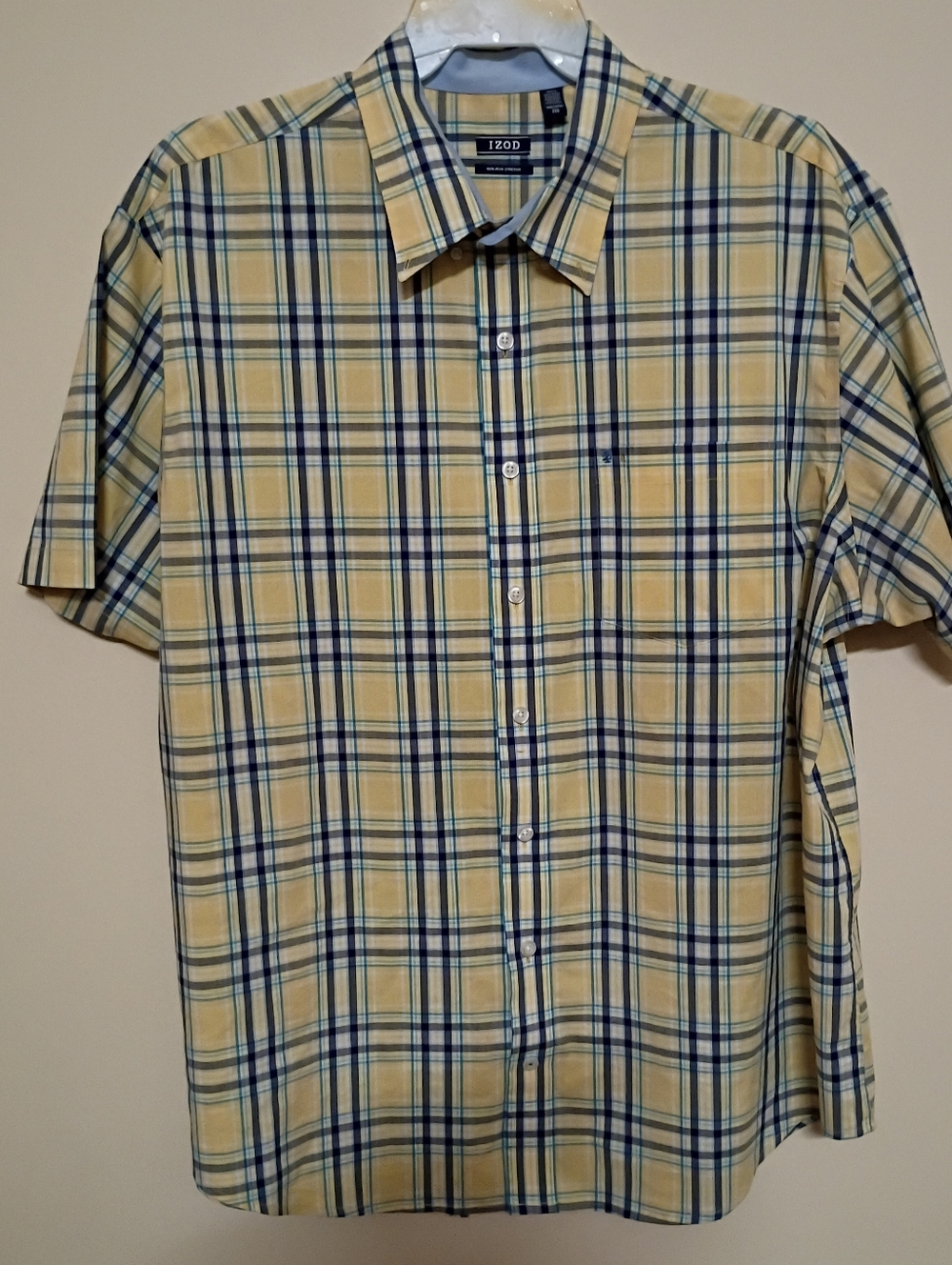 Izod Yellow and Blue Plaid Short Sleeve Button-Down Shirt